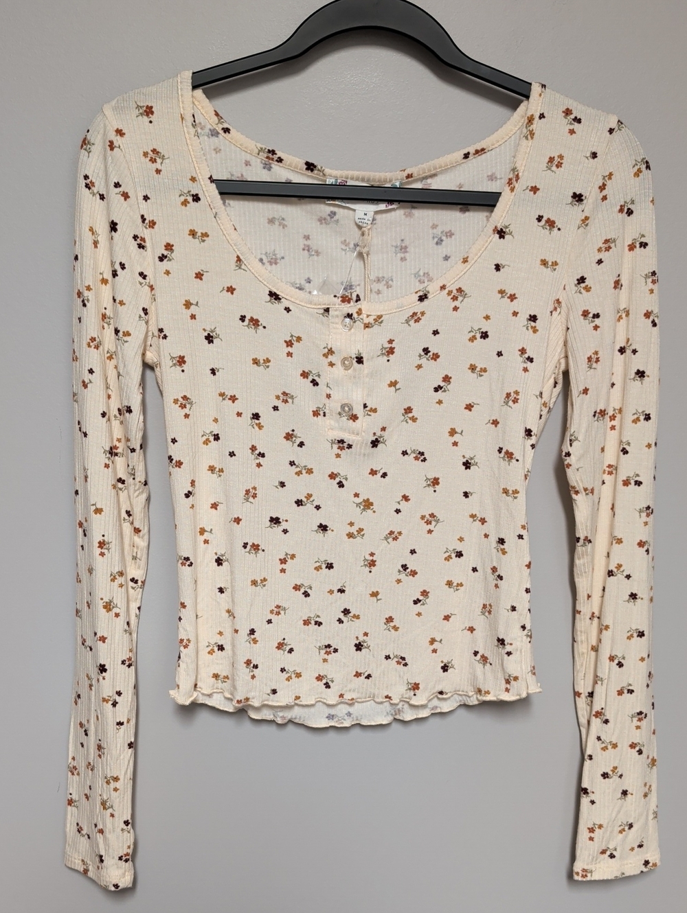 Pink Rose Cream Floral Ribbed Long-Sleeve Henley
